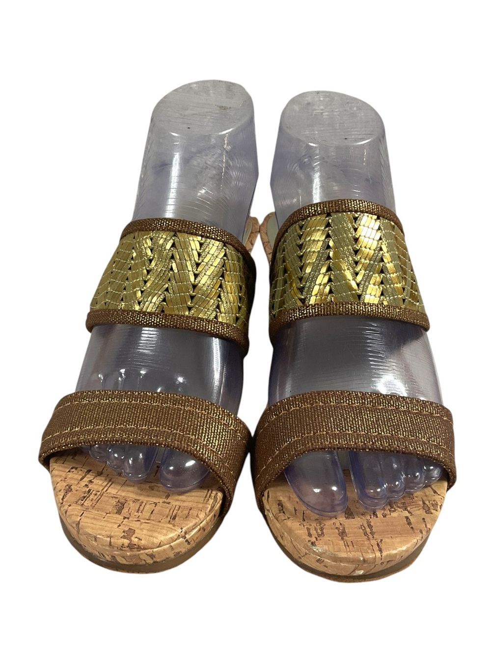 Dress Barn Cork Wedge Gold-Brown Woven Strap Cork Slide Sandals Women's Sz 7M